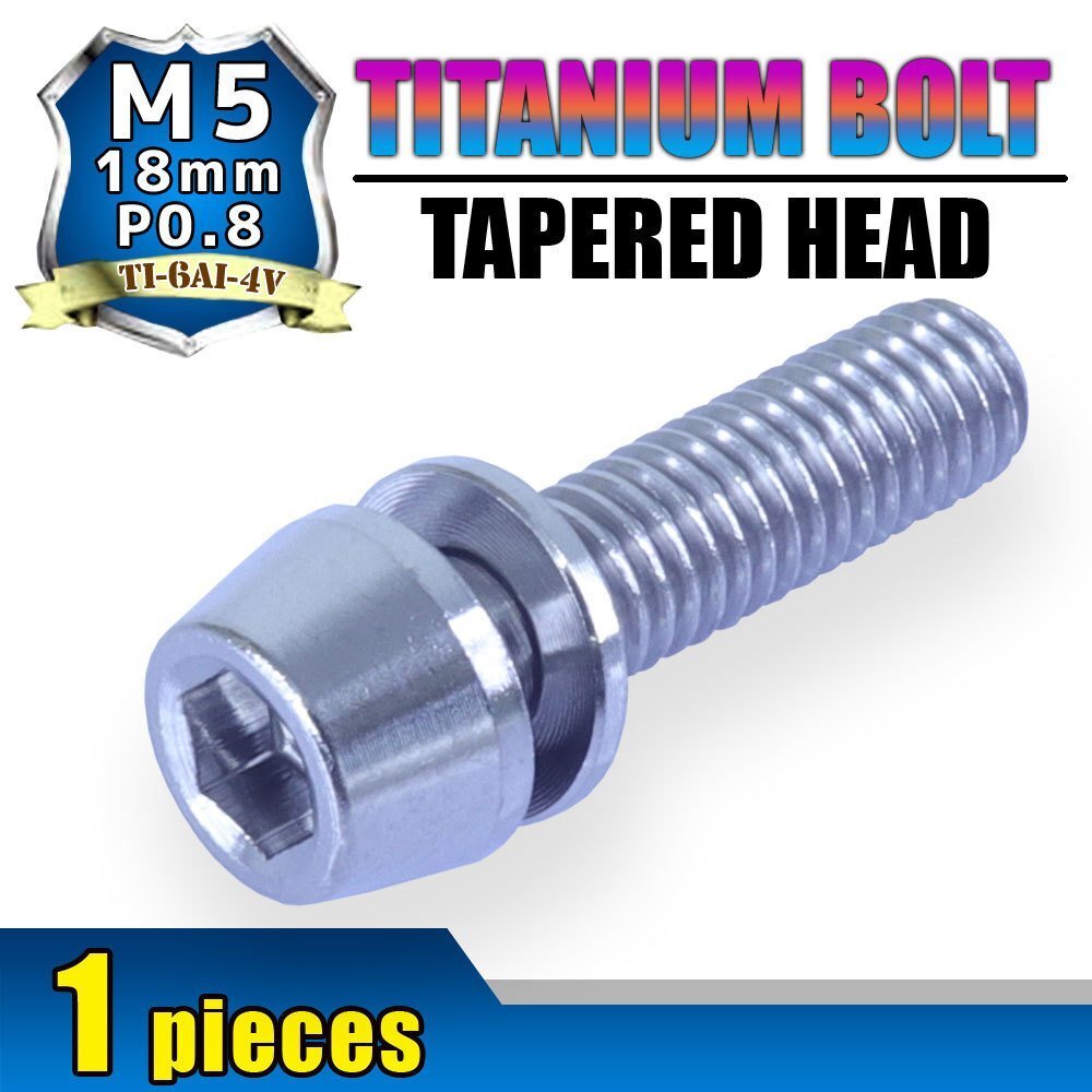 メール便OK!M5×18 P0.8 チタンボルト 1本 5mm 18mm ピッチ0.8 ワッシャー付き シルバー テーパー ボルト ステム バイク 車 自転車 自動車拍卖
