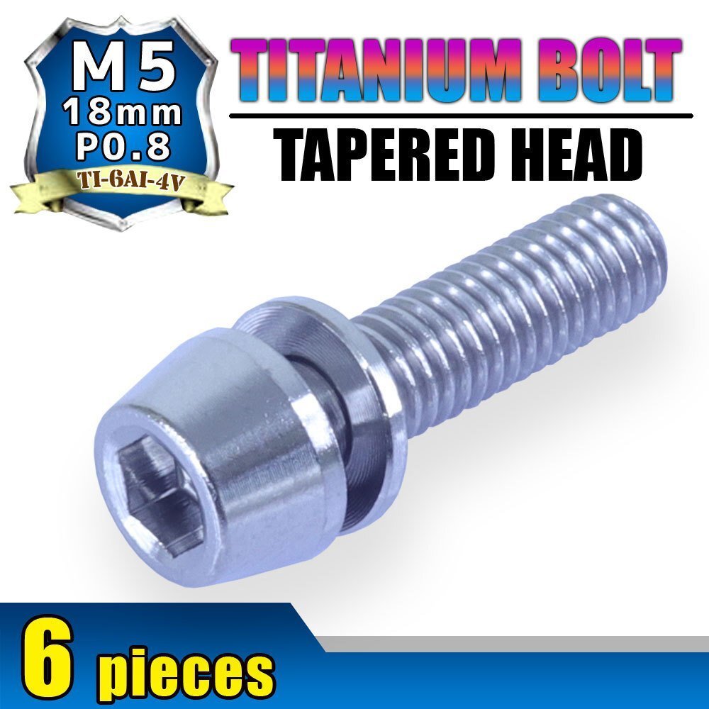 メール便OK!M5×18 P0.8 チタンボルト 6本セット 5mm 18mm ピッチ0.8 ワッシャー付き シルバー テーパー ボルト ステム バイク 車 自転車拍卖