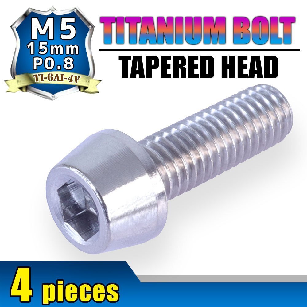 メール便OK!M5×15 P0.8 チタンボルト 4本セット 5mm 15mm ピッチ0.8 シルバー テーパー ボルト バイク 車 自転車 自動車 ロードバイク拍卖