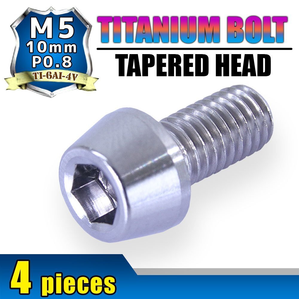 メール便OK!M5×10 P0.8 チタンボルト 4本セット 5mm 10mm ピッチ0.8 シルバー テーパー ボルト バイク 車 自転車 自動車 ロードバイク拍卖