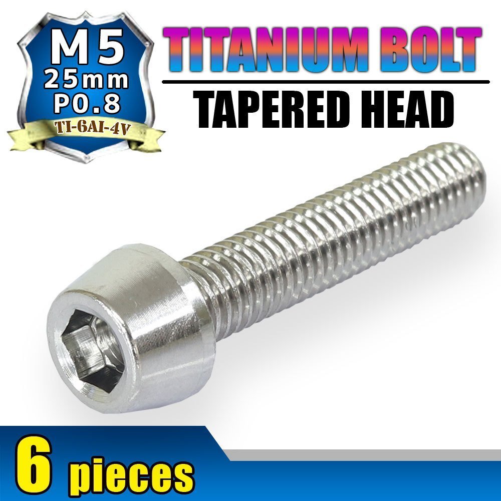 メール便OK!M5×25 P0.8 チタンボルト 6本セット 5mm 25mm ピッチ0.8 シルバー テーパー ボルト バイク 車 自転車 自動車 ロードバイク拍卖