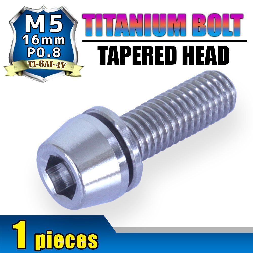 メール便OK!M5×16 P0.8 チタンボルト 1本 5mm 16mm ピッチ0.8 ワッシャー付き シルバー テーパー ボルト ステム バイク 車 自転車 ネジ拍卖