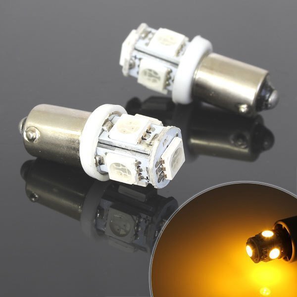 5連 SMD 3チップ LEDバルブ BA9S G14 イエロー 黄色 2個セット 自動車・バイク ポジションライト メーターランプなどに拍卖