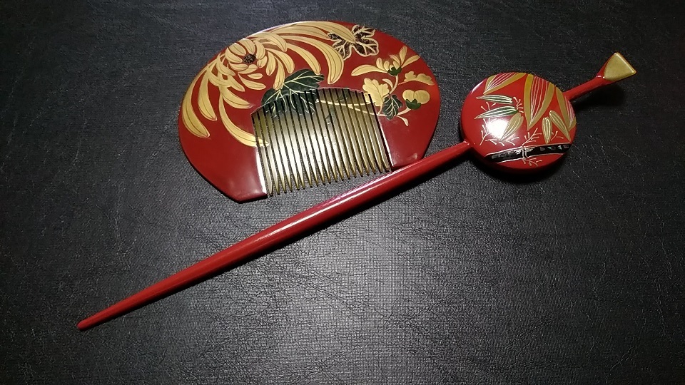 ☆【和装ファッション・アクセサリー】蒔絵櫛簪セット 赤漆塗り 櫛・簪 髪飾り/小物 コレクション くし・かんざし拍卖