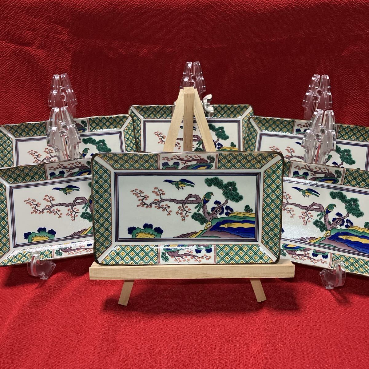 古九谷風 角皿揃 花鳥文様 刺身皿 銘々皿6枚セット拍卖