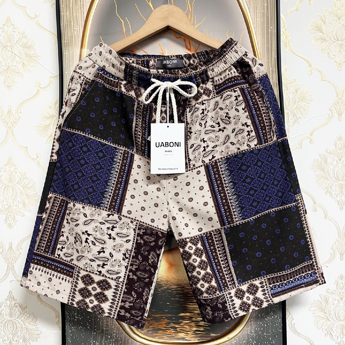 定番EU製&定価3万◆UABONI*Paris*ショートパンツ*ユアボニ*パリ発◆上質麻混 快適 薄手 爽やか 総柄 個性 ハーフパンツ 花火大会 M/46拍卖
