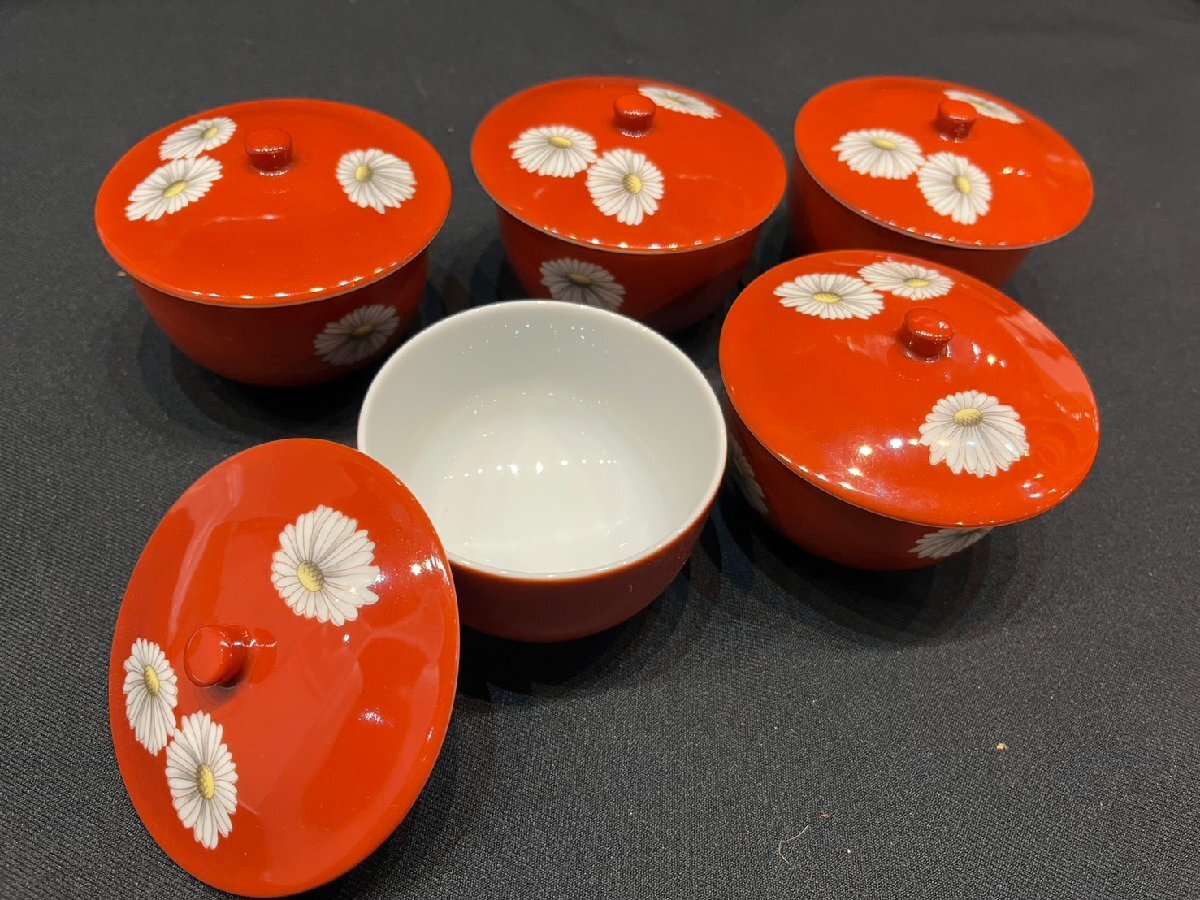 ★美品! 昭和レトロ オールドノリタケ 赤菊 朱赤 白菊 菊模様 蓋付き湯呑み茶碗 5客セット サイズ(約)直径8×H5㎝拍卖