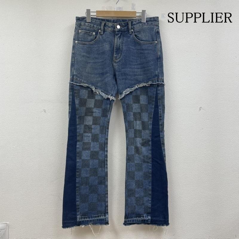 古着 SUPPLIER × SALUTE CHECKER DENIM チェッカー デニム フレア パンツ ジップフライ ロゴ パッチ M拍卖
