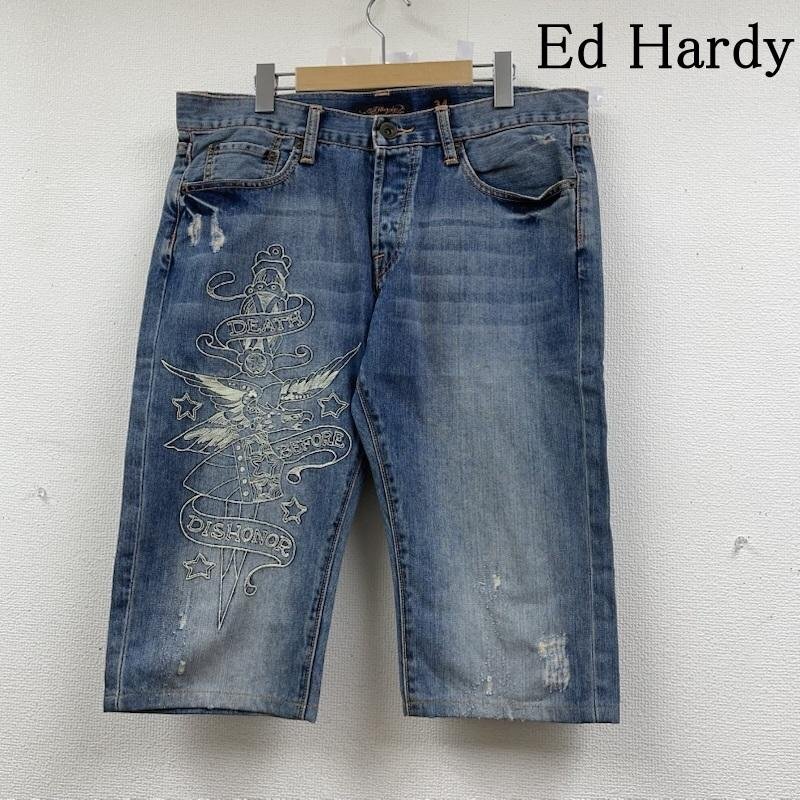 エドハーディー スペルアウト インスクリプション デニム パンツ ジーンズ ロゴ プリント 刺繍 ボタンフライ 34インチ拍卖