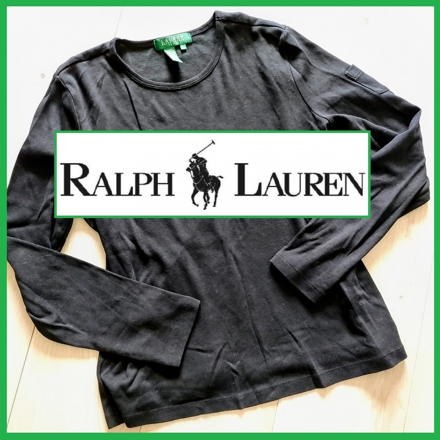 黒★Ralph lauren ラルフローレン グリーンタグ LAUREN ストレッチ長袖シャツ ポケット付ブラック USED L拍卖