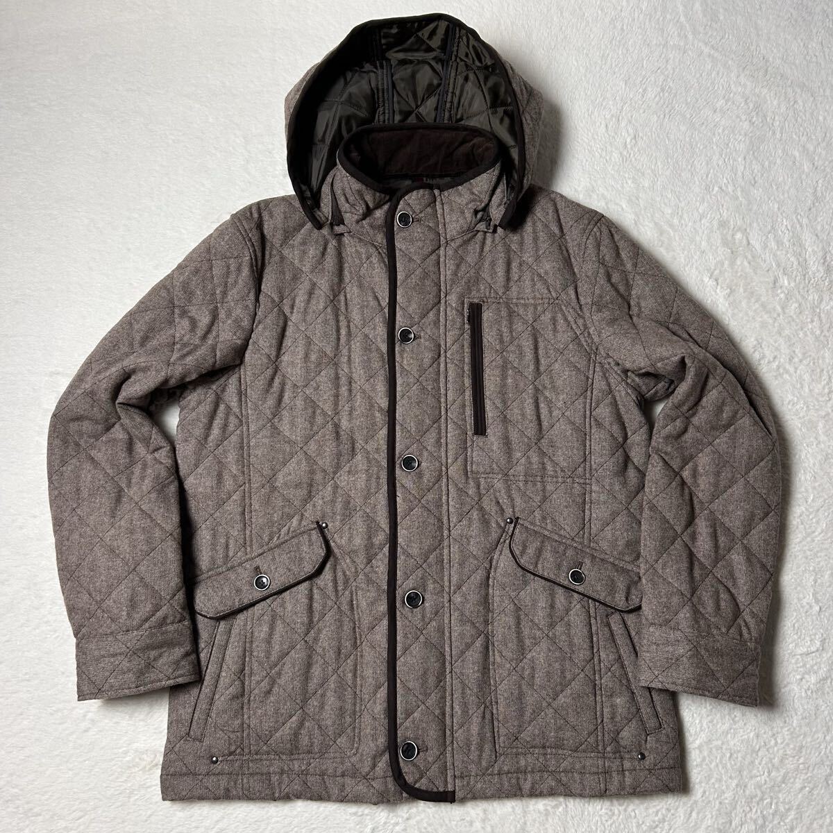 ALANDELON アランドロン ウール混 着脱可能フード付き 中綿入りキルティング コート ジャケット メンズ ブラウン 茶色 Lサイズ拍卖