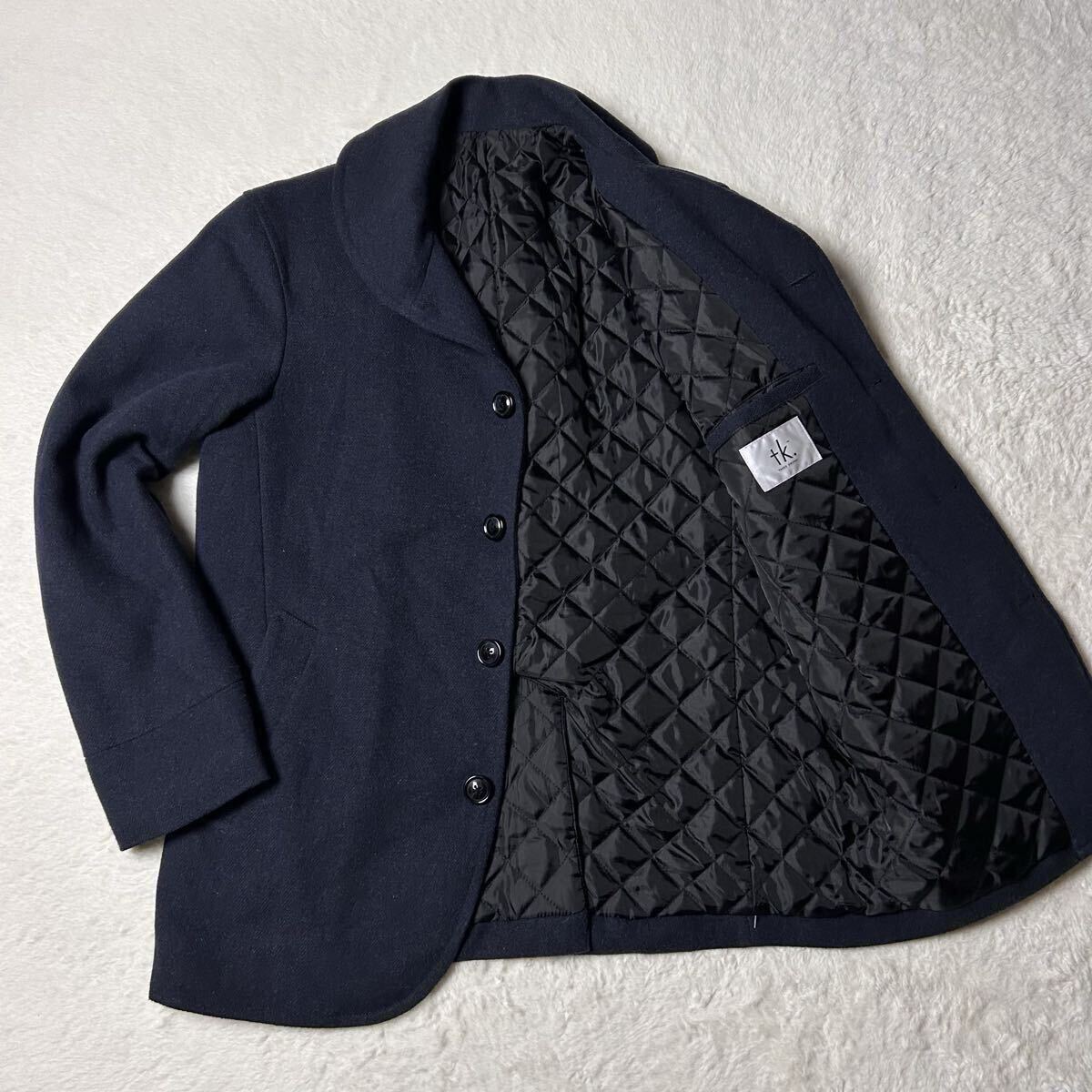TAKEO KIKUCHI タケオキクチ 中綿 アウター ミドル丈 コート ジャケットショールカラー ヘリンボーン メンズ ビジネス ネイビー 濃紺 L拍卖