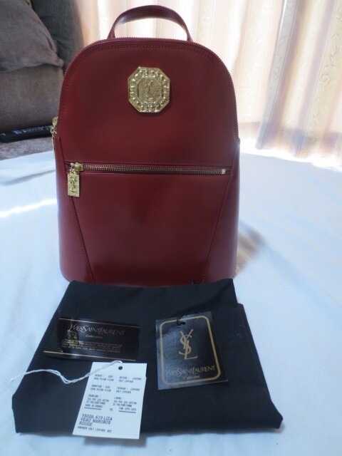 ⑧イヴサンローラン ヴィンテージ 革リュック 落ち着いた赤 保存袋付き 長期保管品未使用拍卖