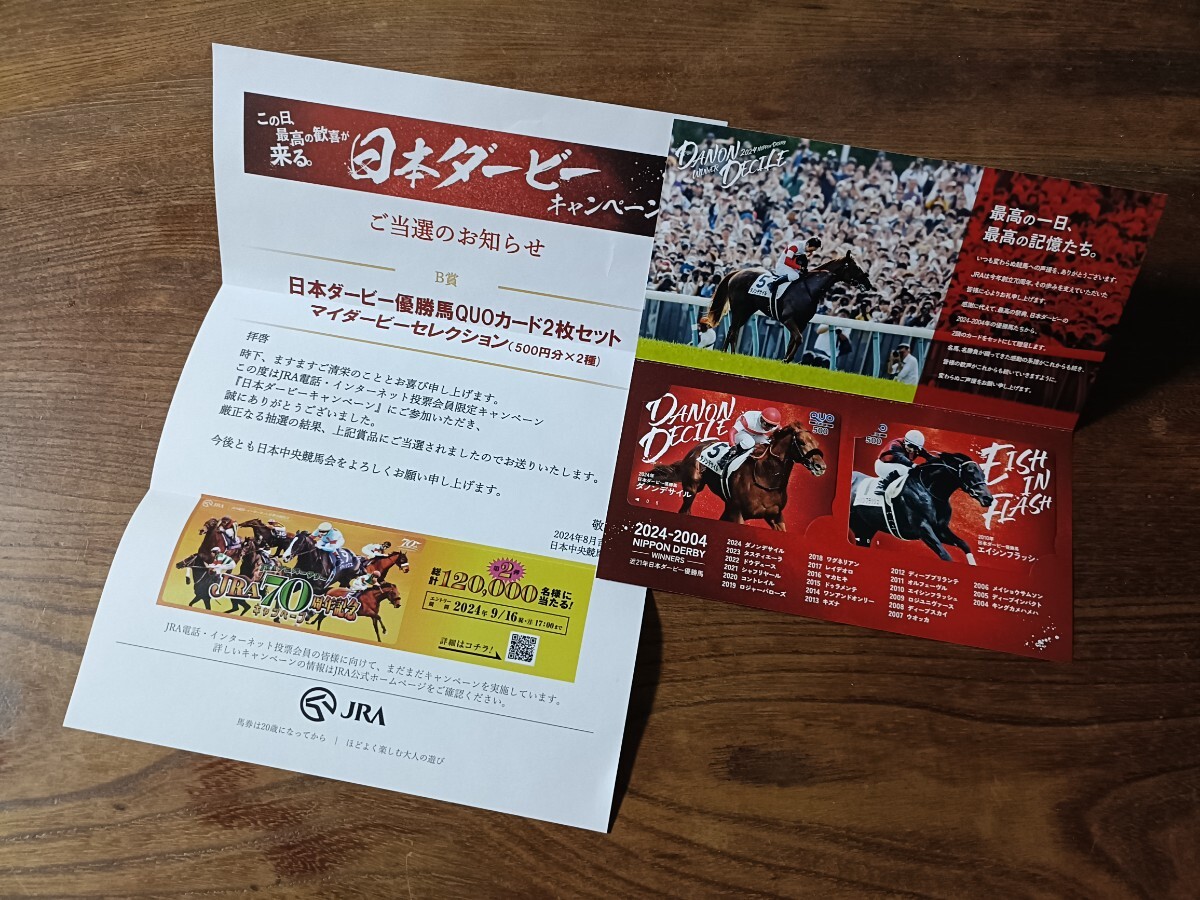 当選品 QUOカード 2枚 JRA 2024 日本ダービー キャンペーン ダノンデサイル エイシンフラッシュ 未使用 クオカード 横山典弘 内田博幸拍卖