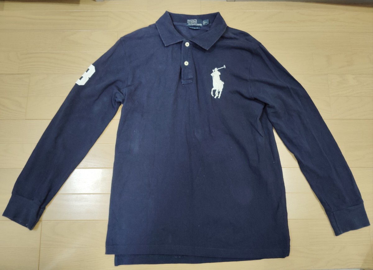 POLO RALPHーLAURENラルフローレン【ビッグポロ刺繍鹿の子織り長袖ポロシャツCUSTOM FIT】◆XLサイズ/ネイビー拍卖