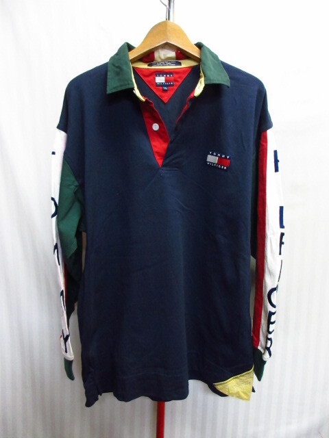 トミーヒルフィガー 90sヴィンテージ 長袖ラグビージャージトップ メンズL カラフルデザイン ラガーシャツ スウェット トレーナー10281拍卖