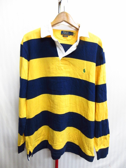 ラルフローレン ロゴ刺繍ラグビージャージトップ メンズL 紺黄ボーダー柄ラガーシャツ スウェットジャージトップ 襟付きトレーナー10292拍卖