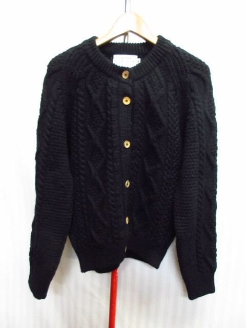 UK製 JAMES CHARLOTTE ジェームス・シャルロット ケーブルニットカーディガン SIZE 36 黒 英国製フィッシャーマンセーター ニット10302拍卖