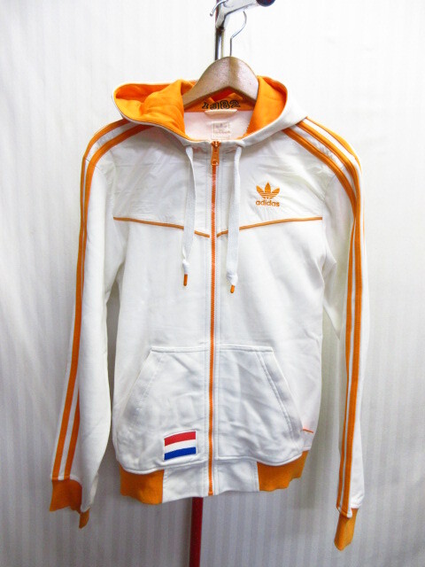 アディダス 80sヴィンテージ復刻 サッカーオランダ代表 フード付きジャージトップ メンズM トレフォイル刺繍トラックジャケット 10301拍卖