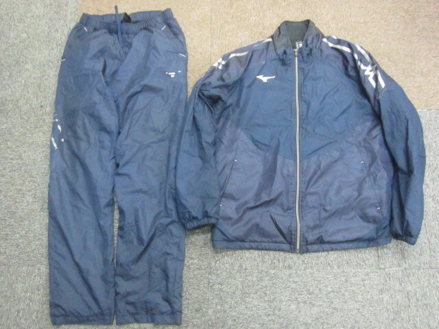 ミズノ ブレスサーモ使用ナイロンジャージ上下セット メンズXL 紺 防寒ウインドブレーカー 保温防寒トレーニングジャケット パンツ14009拍卖