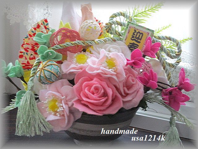 フェルトのお花たち♪愛らしいピンク牡丹&薔薇♪お正月置物お花飾り♪ハンドメイド♪拍卖