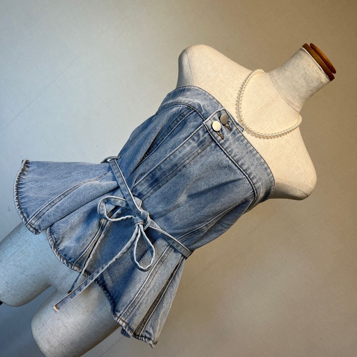 11-7新品 kobelettuce コウベレタス デニムビスチェ Aラインフレアベアトップ デニムミニスカートにも ブルー 9号 M拍卖