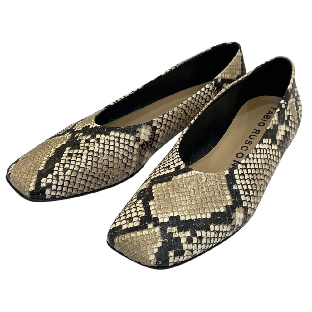 美品 FABIO RUSCONI ファビオルスコーニ パイソン型押し スクエアトゥ フラット パンプス 38 25cm相当 グレージュ拍卖
