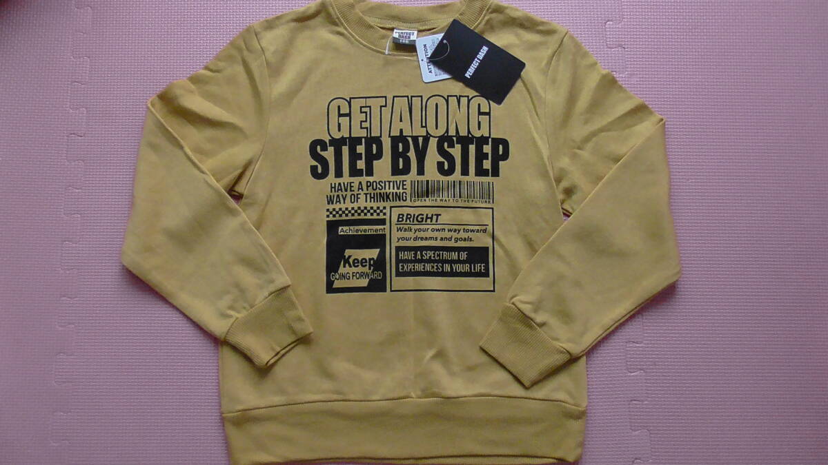 新品 140 長袖トレーナー 黄色 バーコード風デザイン ブロックチェックライン 英字ロゴプリント 裏毛 小学生 男の子 秋物 130〜 送料無料拍卖