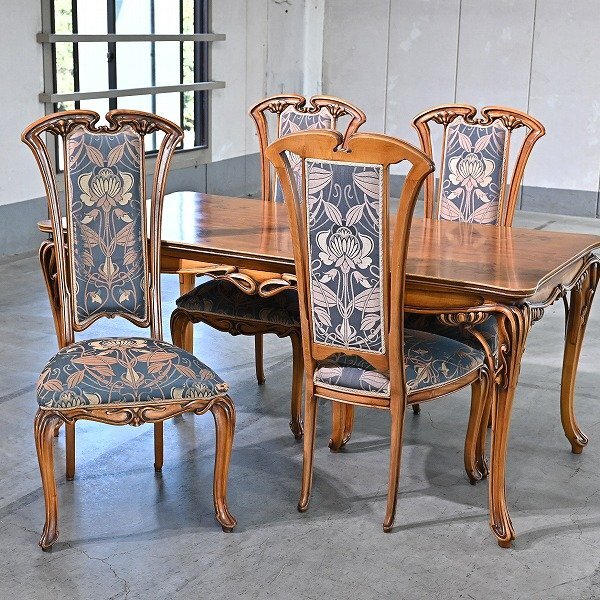最高級 CL italia 301万 ダイニング5点セット マホガニー材 猫脚 彫刻 木象嵌 リビング アールヌーボー様式 クラシカル シーエル・イタリア拍卖