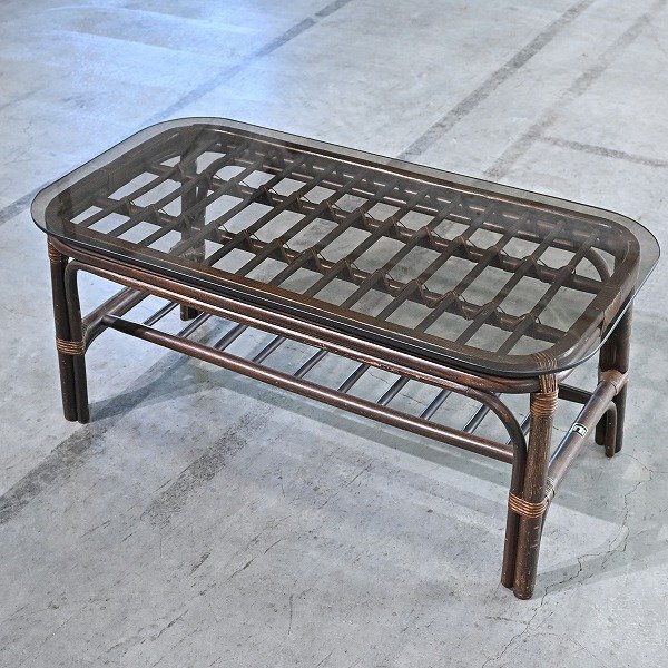 ★コスガ ラタンローテーブル ガラス 籐 センター レトロ リビング 応接間 ディスプレイ台 飾り ナチュラル 机 KOSUGA_ヤマカワ 山川拍卖