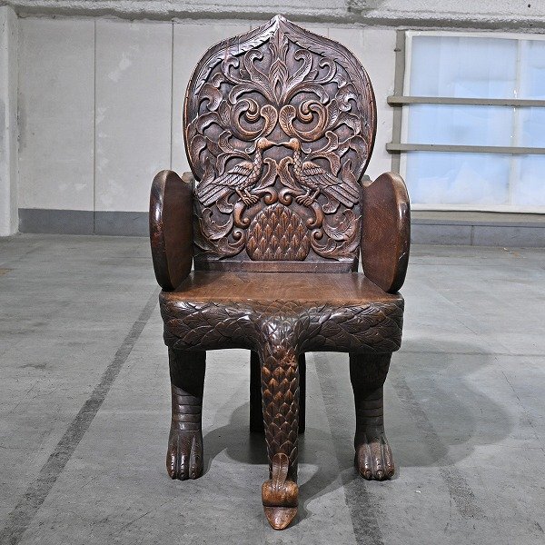 アングロインディアン 66万 ハイバックチェア 古木 彫刻 アーム ダイニング 孔雀 ピーコック ディスプレイ アンティーク ビンテージ拍卖