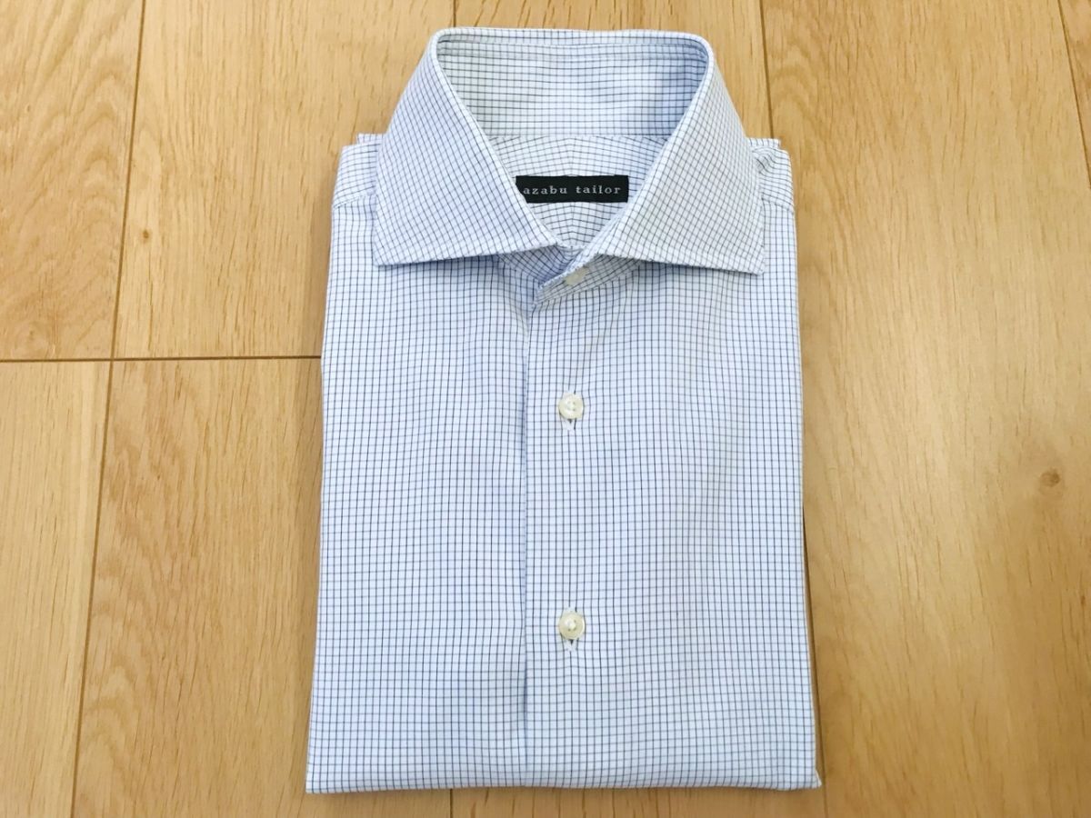 【良品】麻布テーラー*格子柄ワイシャツ*白×淡ブルー*XS程度拍卖