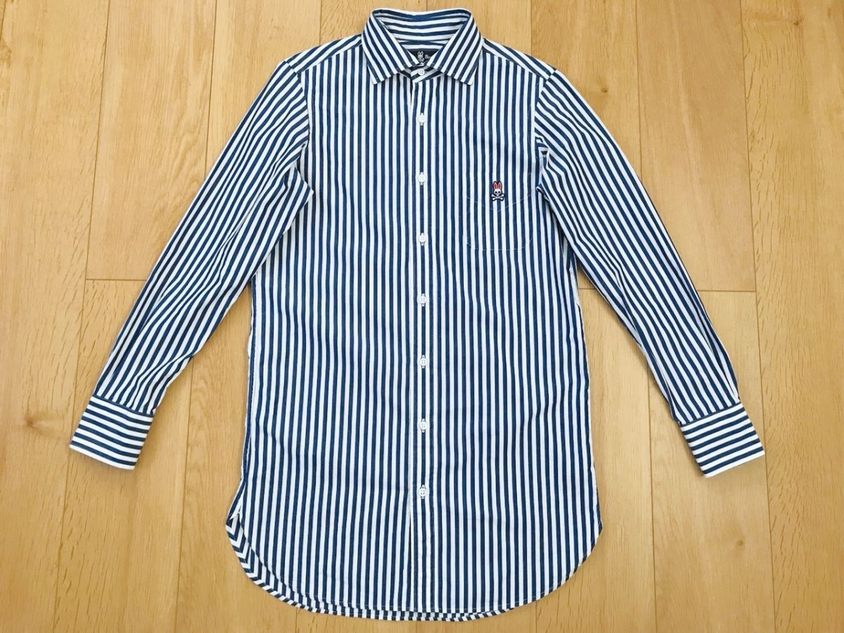【良品】psycho bunny サイコバニー*ストライプ柄シャツ*紺×白*1拍卖