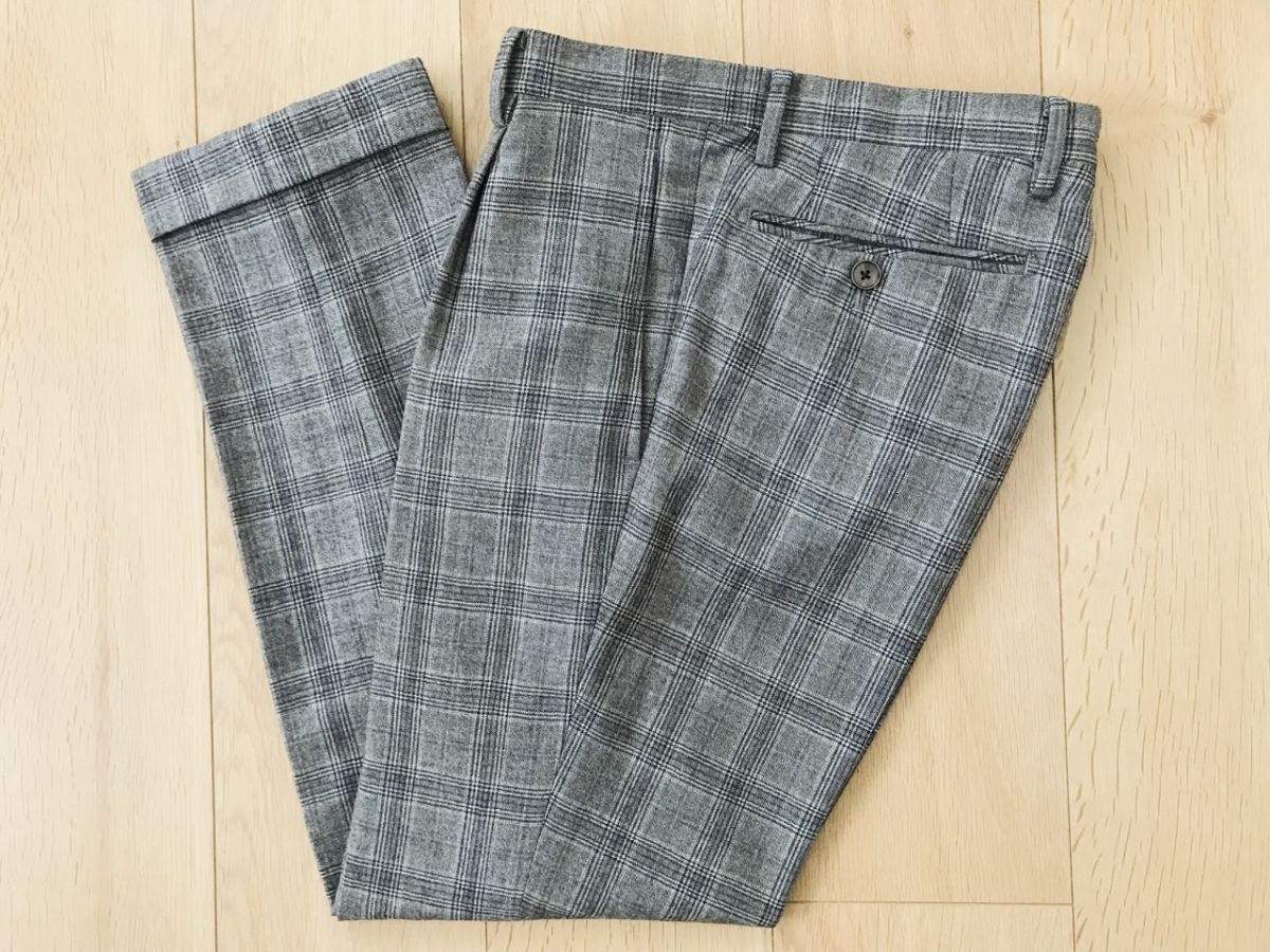 【美品】スーツセレクト*グレンチェック柄起毛ウールパンツ*ブラウン系*73拍卖