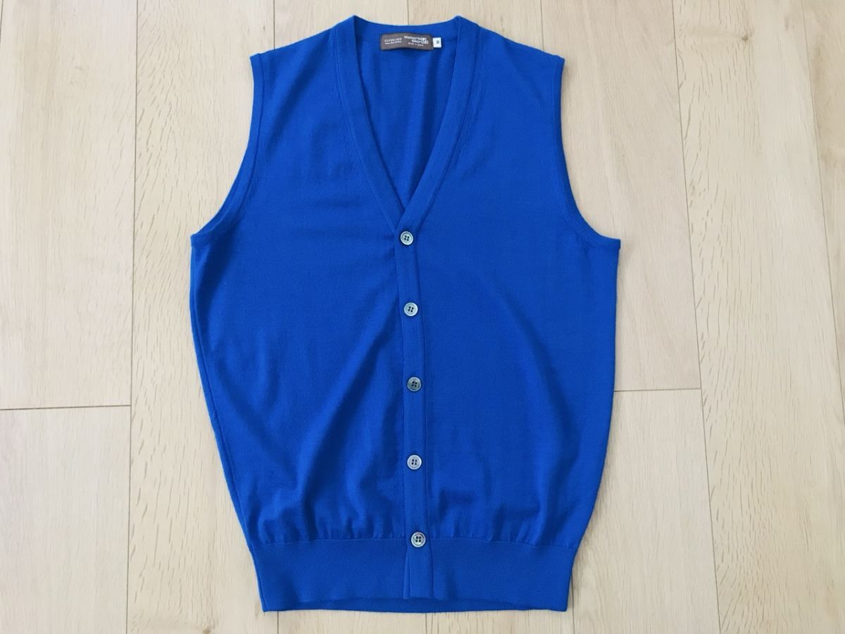 【美品】鎌倉シャツメーカー*super140sウールニットベスト*ブルー*M拍卖