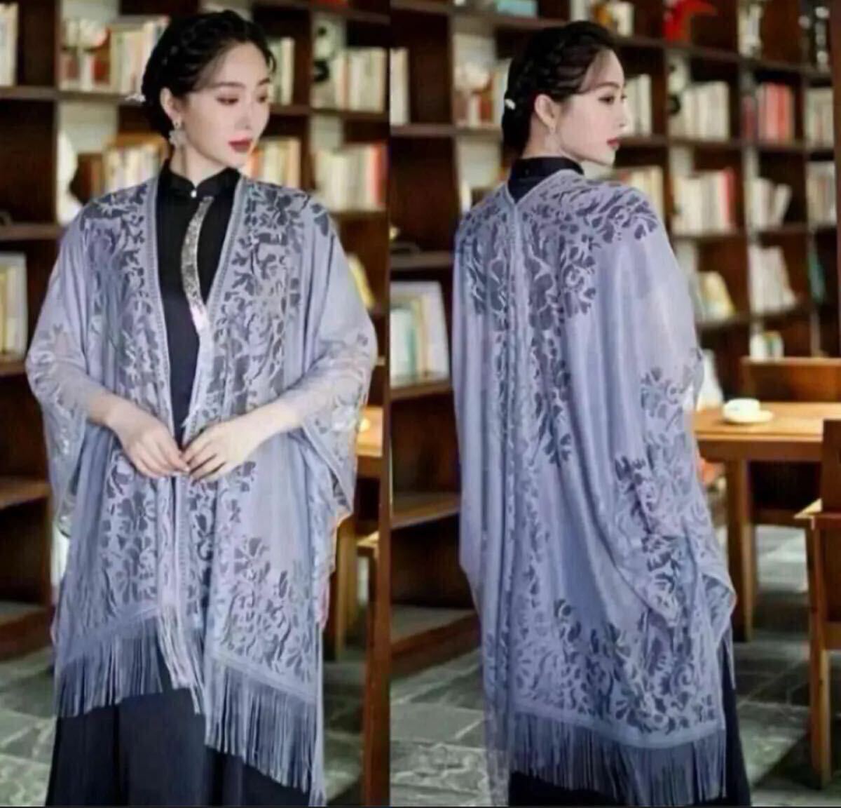 ストール レース 長羽織 着物 和装 ドレス ショール ボレロ 羽織り グレー カーディガン フリンジ レース拍卖