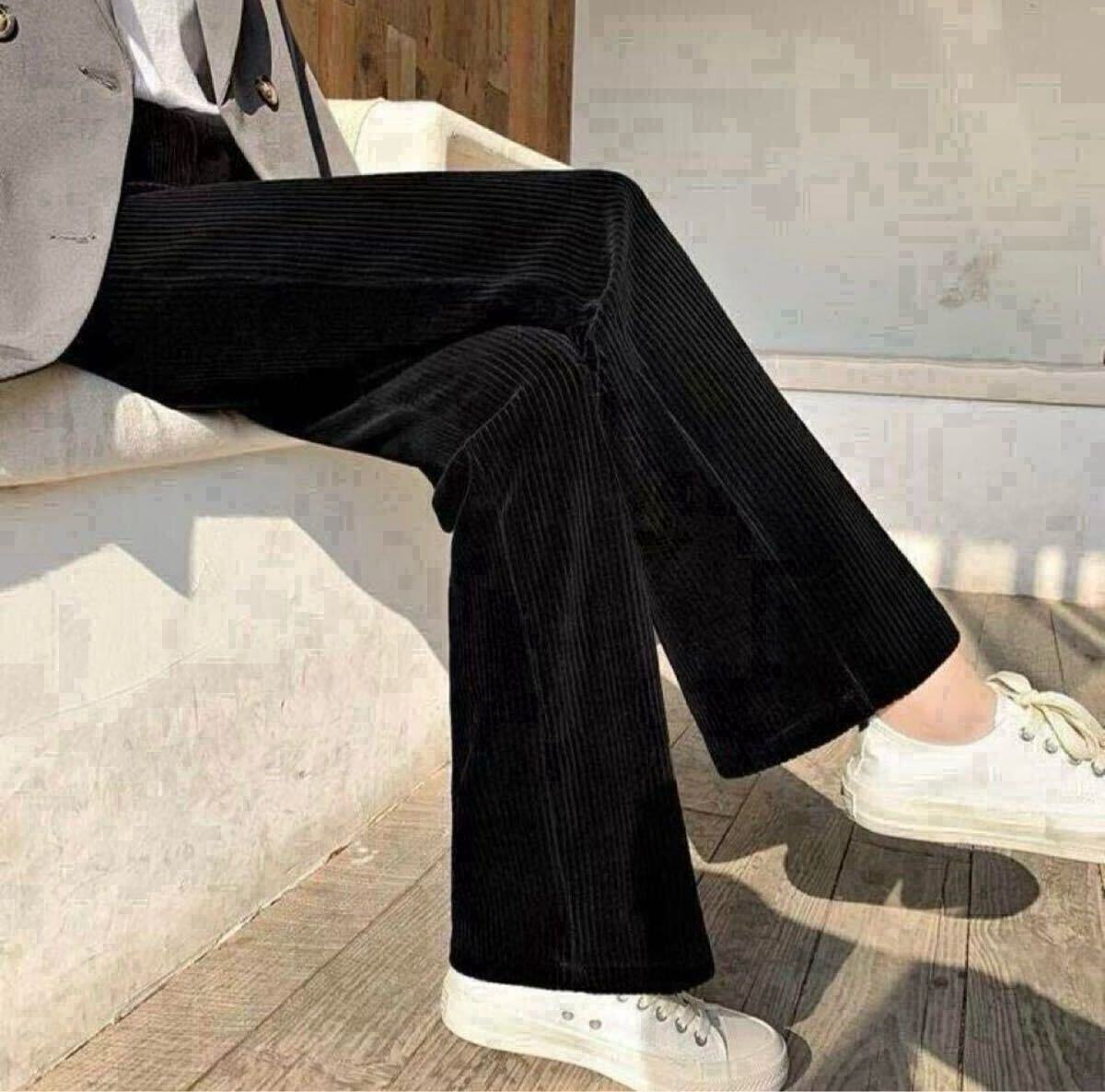 コーデュロイパンツ リブワイドパンツ ブラック 黒 フリーサイズ 脚長効果 無地 綺麗め カジュアルパンツ拍卖