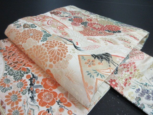 1円 中古 名古屋帯 正絹 和装 和服 アンティーク 宝物 飛鶴 四季花 松 亀甲 六通柄 九寸帯 長さ383cm【夢職】★拍卖