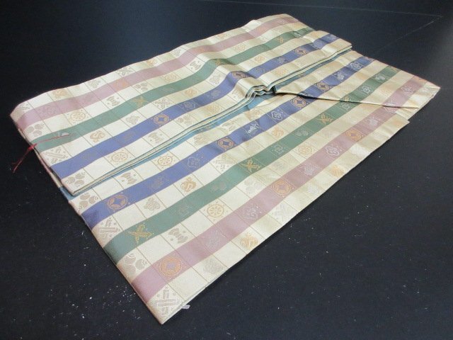 1円 良品 名古屋帯 正絹 アンティーク 未使用 和装 和服 格子 縞 宝物尽くし お洒落 高級【夢職】★拍卖