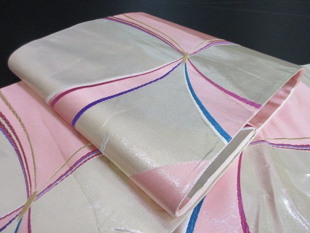 1円 中古 袋帯 正絹 和装 和服 蝶々 幾何学 抽象 お洒落 六通柄 長さ426cm【夢職】★拍卖