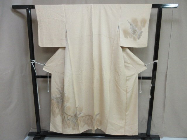 1円 良品 訪問着 正絹 着物 縮緬 式典 和装 和服 竹垣 蛇籠 草 葉 高級 袷 身丈148cm 裄63cm【夢職】★拍卖