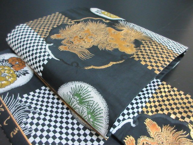 1円 中古 名古屋帯 正絹 和装 和服 アンティーク みやにしき 市松 唐獅子 雪輪取り 草花 六通柄 九寸帯 長さ331cm【夢職】★拍卖