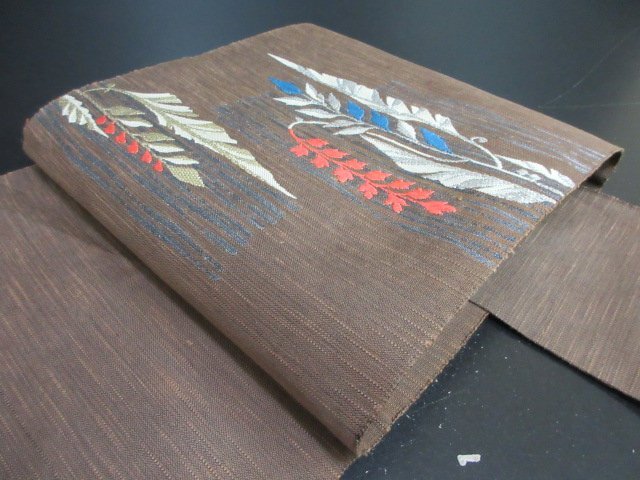 1円 良品 名古屋帯 正絹 和装 和服 葉 洋葉 幾何学抽象 六通柄 九寸帯 長さ349cm【夢職】★拍卖