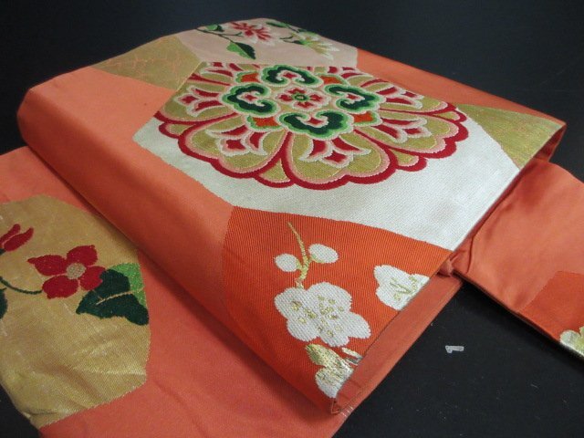 1円 中古 名古屋帯 正絹 和装 和服 アンティーク 地紙 枝花 花絵皿 草花 六通柄 九寸帯 長さ336cm【夢職】★拍卖