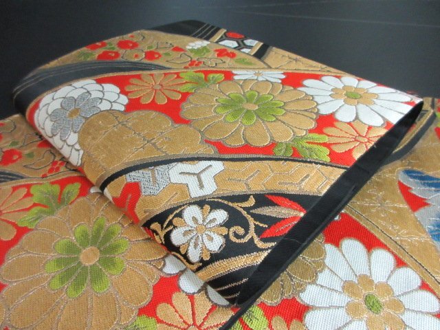 1円 良品 袋帯 化繊 和装 和服 地紙 石畳文 亀甲 桐 四季花 毘沙門亀甲 お洒落 六通柄 長さ418cm【夢職】★拍卖