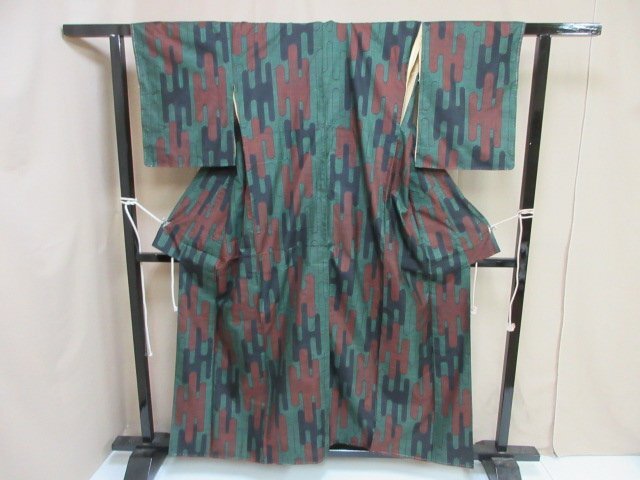 1円 中古 小紋 正絹 着物 縮緬 和服 和服 アンティーク ヱ霞 幾何学 お洒落 高級 袷 身丈155cm 裄65cm【夢職】★拍卖