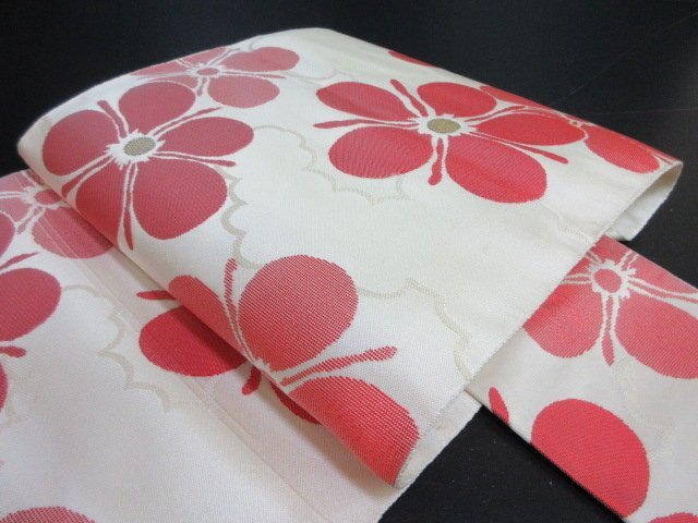 1円 中古 名古屋帯 正絹 和装 和服 アンティーク 草花 雲 六通柄 九寸帯 長さ344cm【夢職】★拍卖