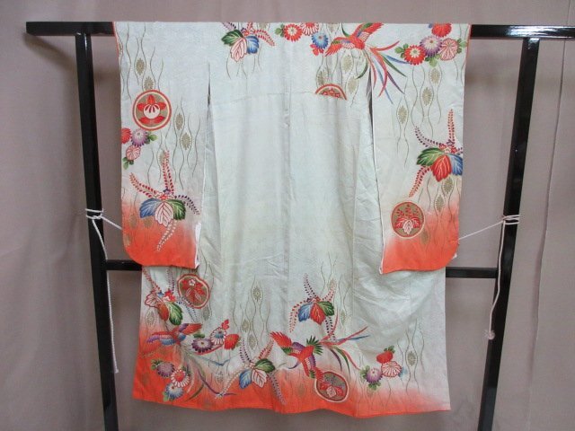 1円 中古 女児 子供着物 正絹 縮緬 七五三 和装 和服 アンティーク 立涌 桐 草花 鳳凰 花柄 高級 袷 身丈134cm 裄56cm【夢職】★拍卖