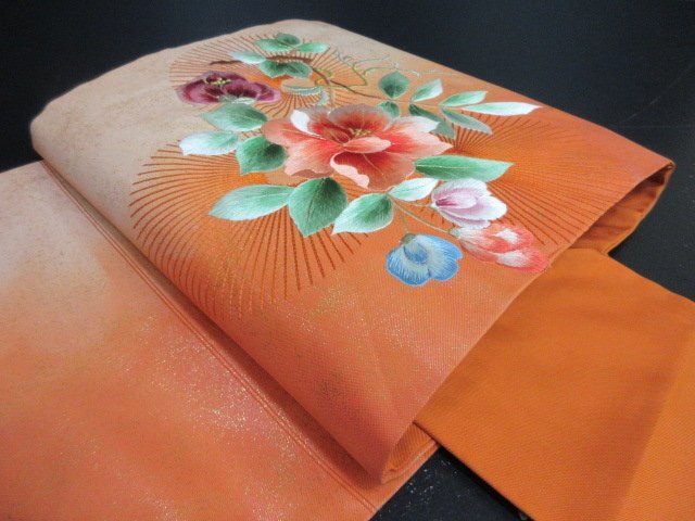 1円 中古 名古屋帯 正絹 和装 和服 グラデーション 草花 刺繍 六通柄 九寸帯 長さ372cm【夢職】★拍卖