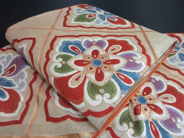1円 中古 袋帯 正絹 和装 和服 アンティーク 菱 花絵皿 草花 お洒落 六通柄 長さ412cm【夢職】★拍卖